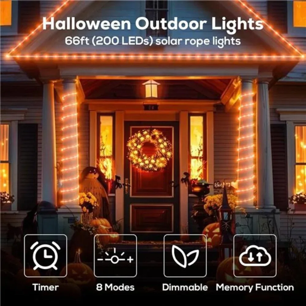 Solar Halloween Lights, 66FT 200 LED Outdoor Solar Rope Lights, IP67 Waterproof